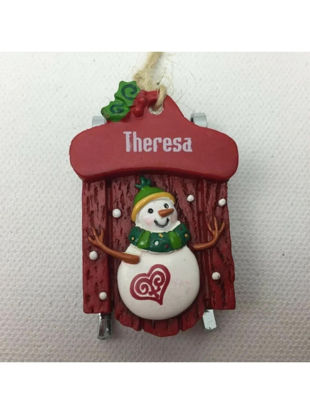 Ganz Theresa Red Sled Snowman Personalized Christmas Ornament Holly Heart Scarf